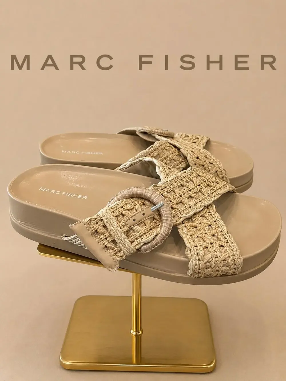 Marc Fisher Grayce Raffia Buckle Slide Sandals Beige 9.5M